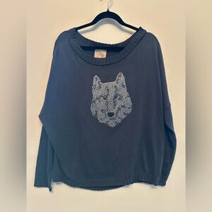 Chaser Off-the-Shoulder Sweater in Black with Rhinestone Wolf Design Small